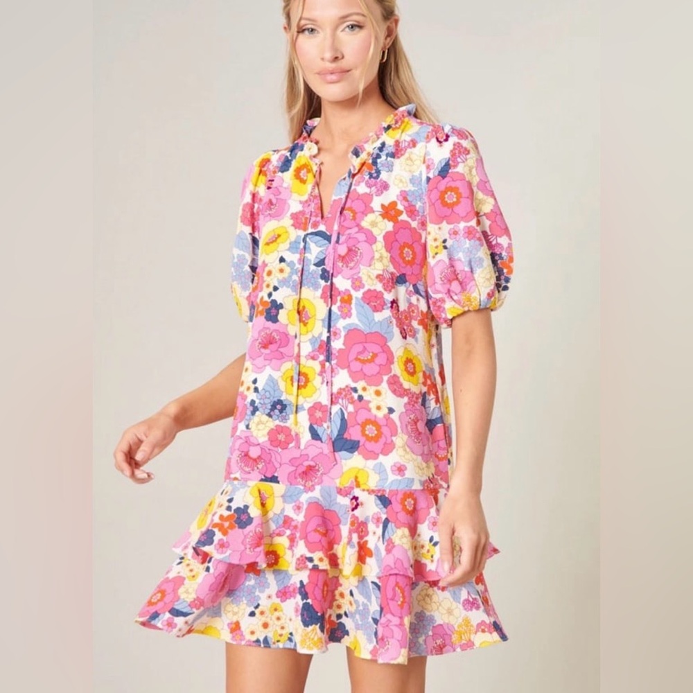 Sugarlips Pink Floral Puff Sleeve Ruffle Mini Dress Tie Neck